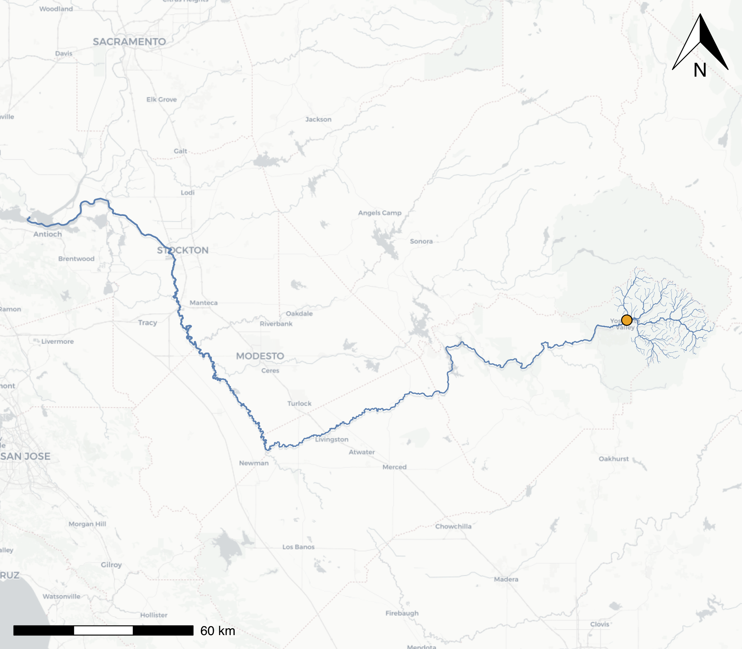 A map of the mainstem Merced River flowing into the San Joaquin, with all headwater tributaries that flow into Yosemite Valley at our selected comid river segment (orange dot). The line width of the streamlines have been scaled by the stream order